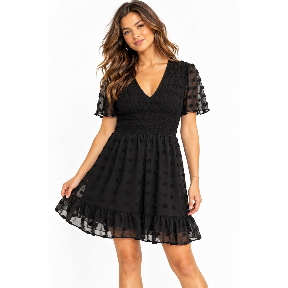 Daniel Rainn Nidia Clip Dot Dress Black Smocked V-Neck Mini Dress LP NWT